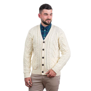 Men's V-Neck Cable Cardigan, Natural - Creative Irish Gifts