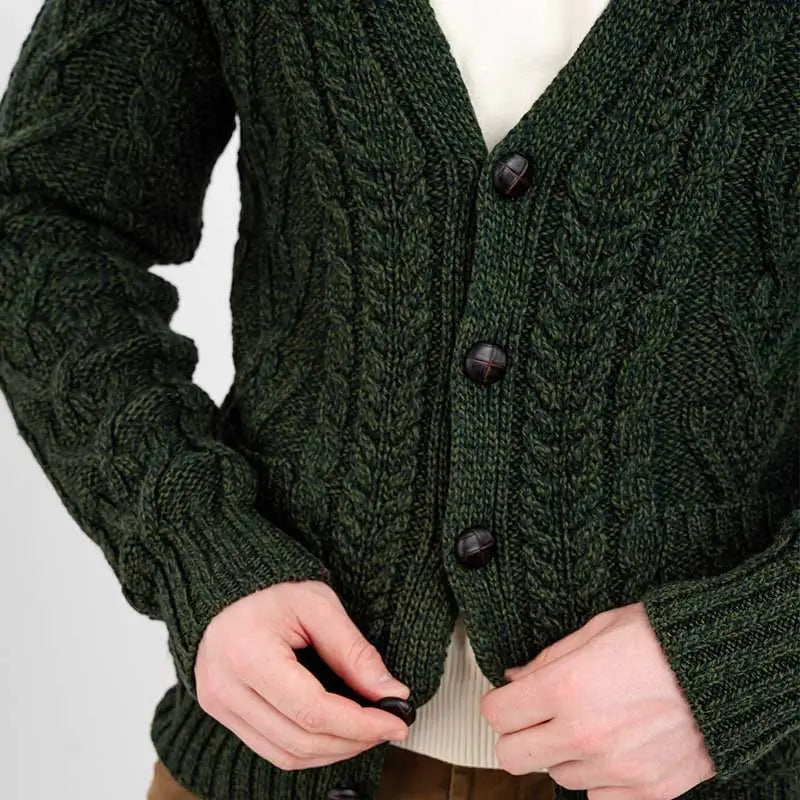 CG727 Men's V-Neck Cable Cardigan, Army Green Closely Creative Irish Gifts