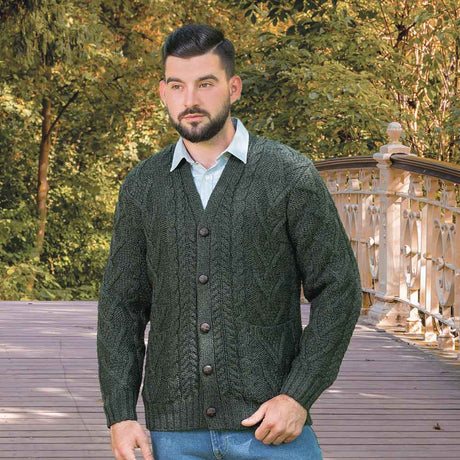 Men's V-Neck Cable Cardigan, Army Green - Creative Irish Gifts