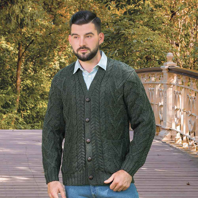 Men's V-Neck Cable Cardigan, Army Green - Creative Irish Gifts
