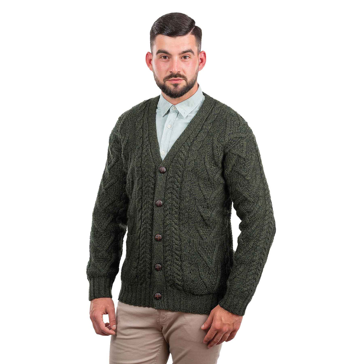 Men's V-Neck Cable Cardigan, Army Green - Creative Irish Gifts