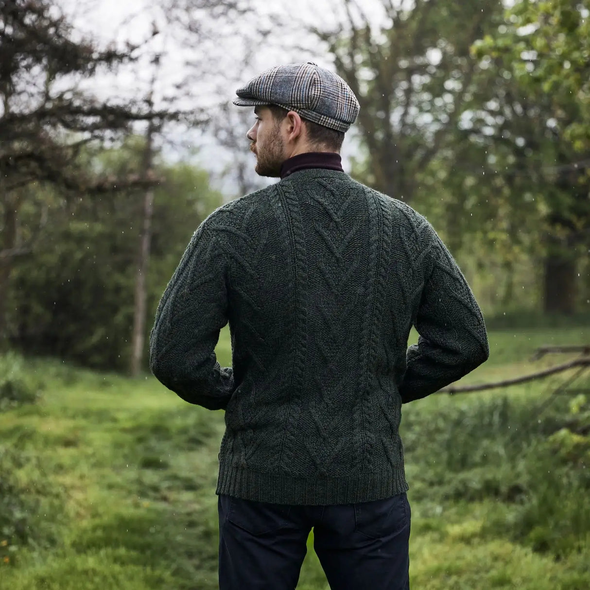 CG727 Men's V-Neck Cable Cardigan, Army Green Back View Creative Irish Gifts