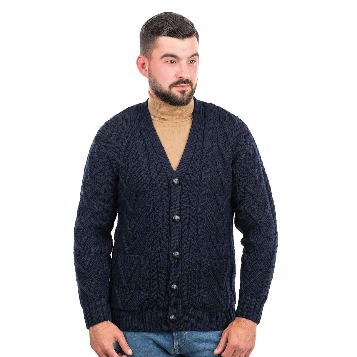 Men's V-Neck Cable Cardigan, Navy - Creative Irish Gifts