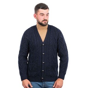 Men's V-Neck Cable Cardigan, Navy - Creative Irish Gifts