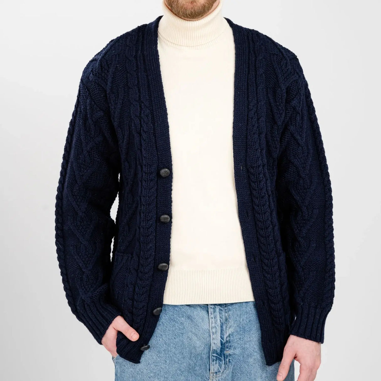 CG728 Men's V-Neck Cable Cardigan, Navy Front Creative Irish Gifts