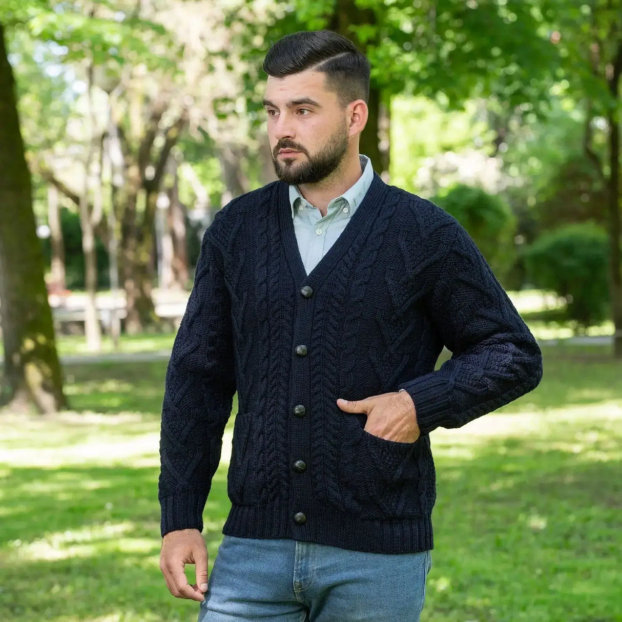 CG728 Men's V-Neck Cable Cardigan, Navy Lifestyle View Creative Irish Gifts