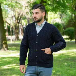 CG728 Men's V-Neck Cable Cardigan, Navy Lifestyle View Creative Irish Gifts