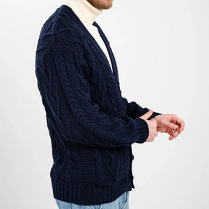 CG728 Men's V-Neck Cable Cardigan, Navy Side View Creative Irish Gifts