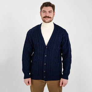 CG728 Men's V-Neck Cable Cardigan, Navy Studio Front Creative Irish Gifts