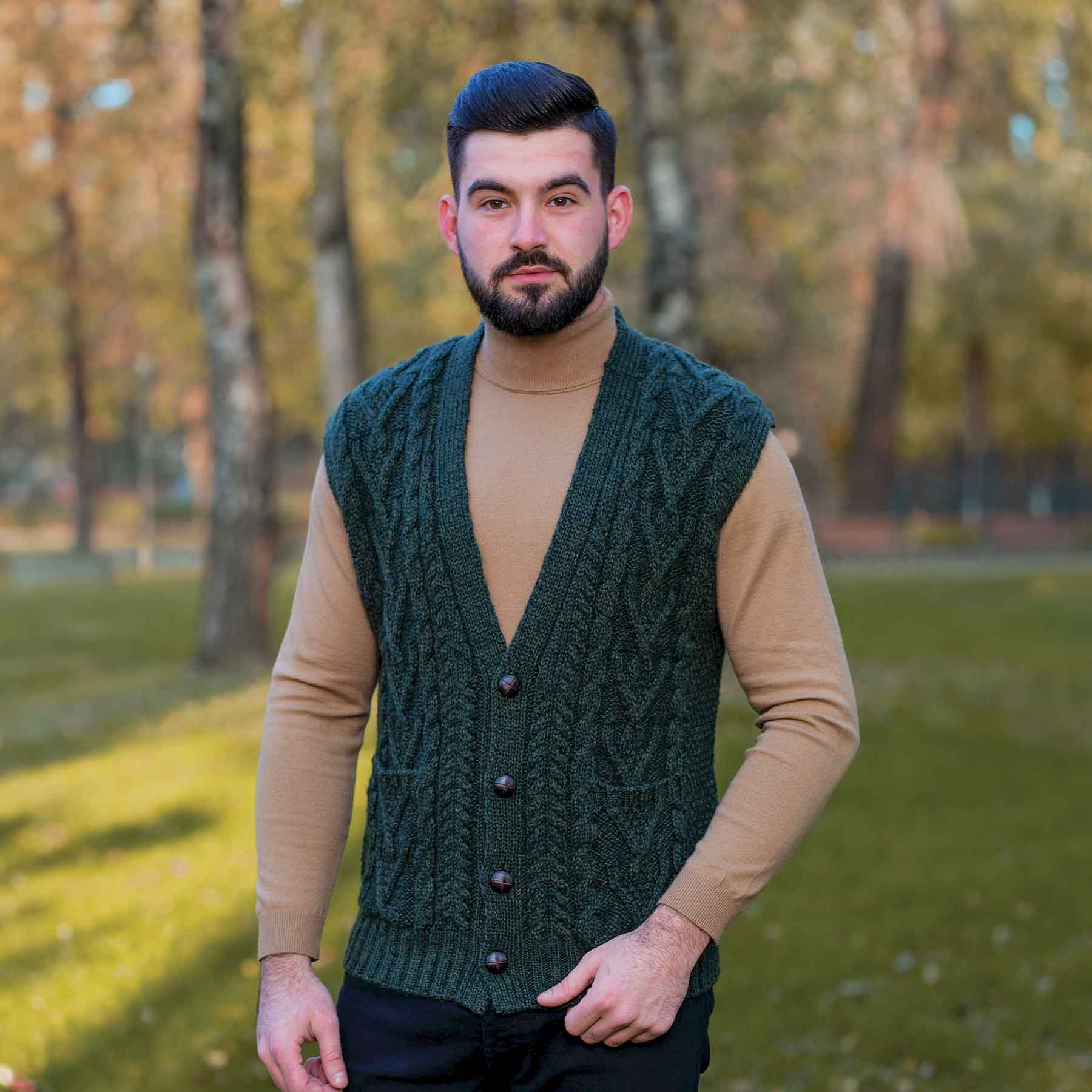 Men's Merino Wool Aran Knit Vest, Army Green | Fast shipping from