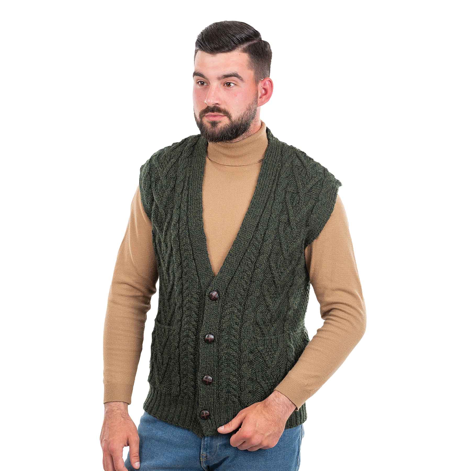 Men's Merino Wool Aran Knit Vest, Army Green | Fast shipping from