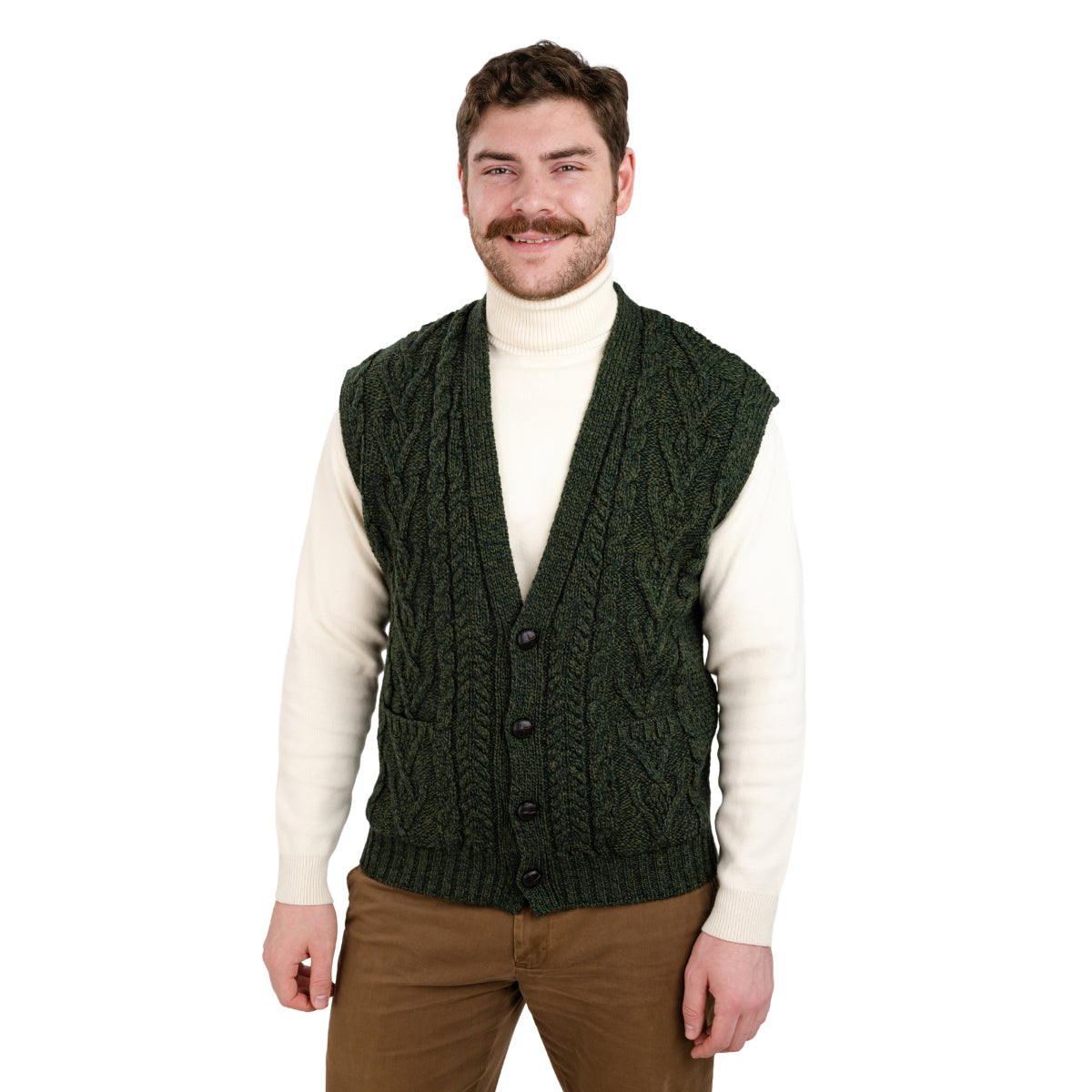 Men's Merino Wool Aran Knit Vest, Army Green | Fast shipping from