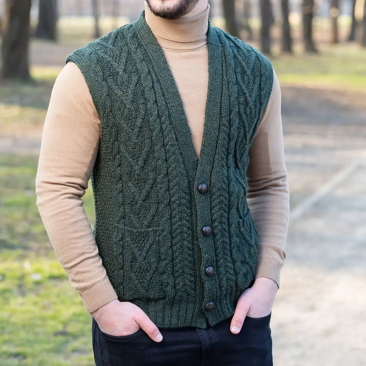 CG730 Men's Aran Knit Vest Army Green Lifestyle Creative Irish Gifts