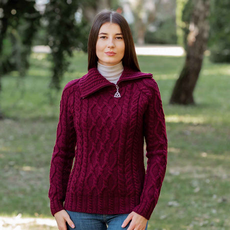 Women's Zipper Neck Aran Knit Sweater, Wine - Creative Irish Gifts