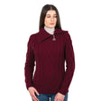 Women's Zipper Neck Aran Knit Sweater, Wine - Creative Irish Gifts