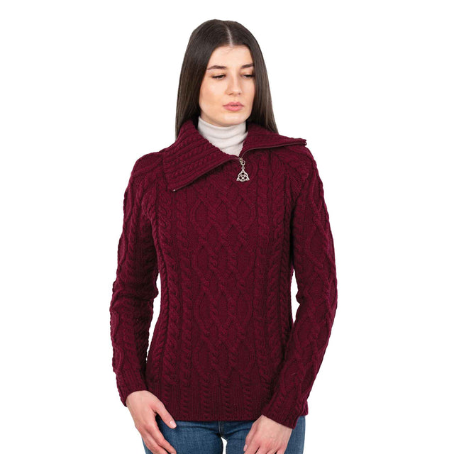 Women's Zipper Neck Aran Knit Sweater, Wine - Creative Irish Gifts