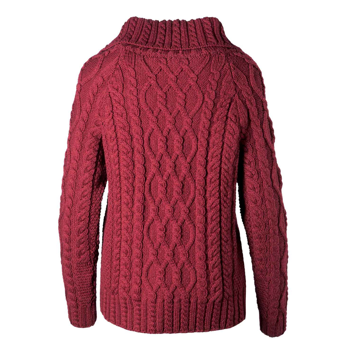 Women's Zipper Neck Aran Knit Sweater, Wine - Creative Irish Gifts