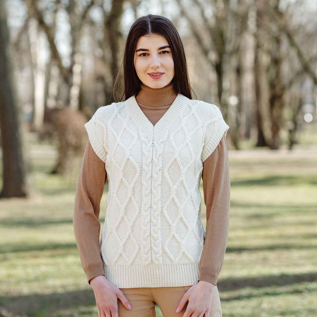 Women's Oversized Aran Knit Cable Vest, Natural - Creative Irish Gifts