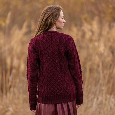 Women's Cable Aran Knit Fisherman Sweater, Wine - Creative Irish Gifts