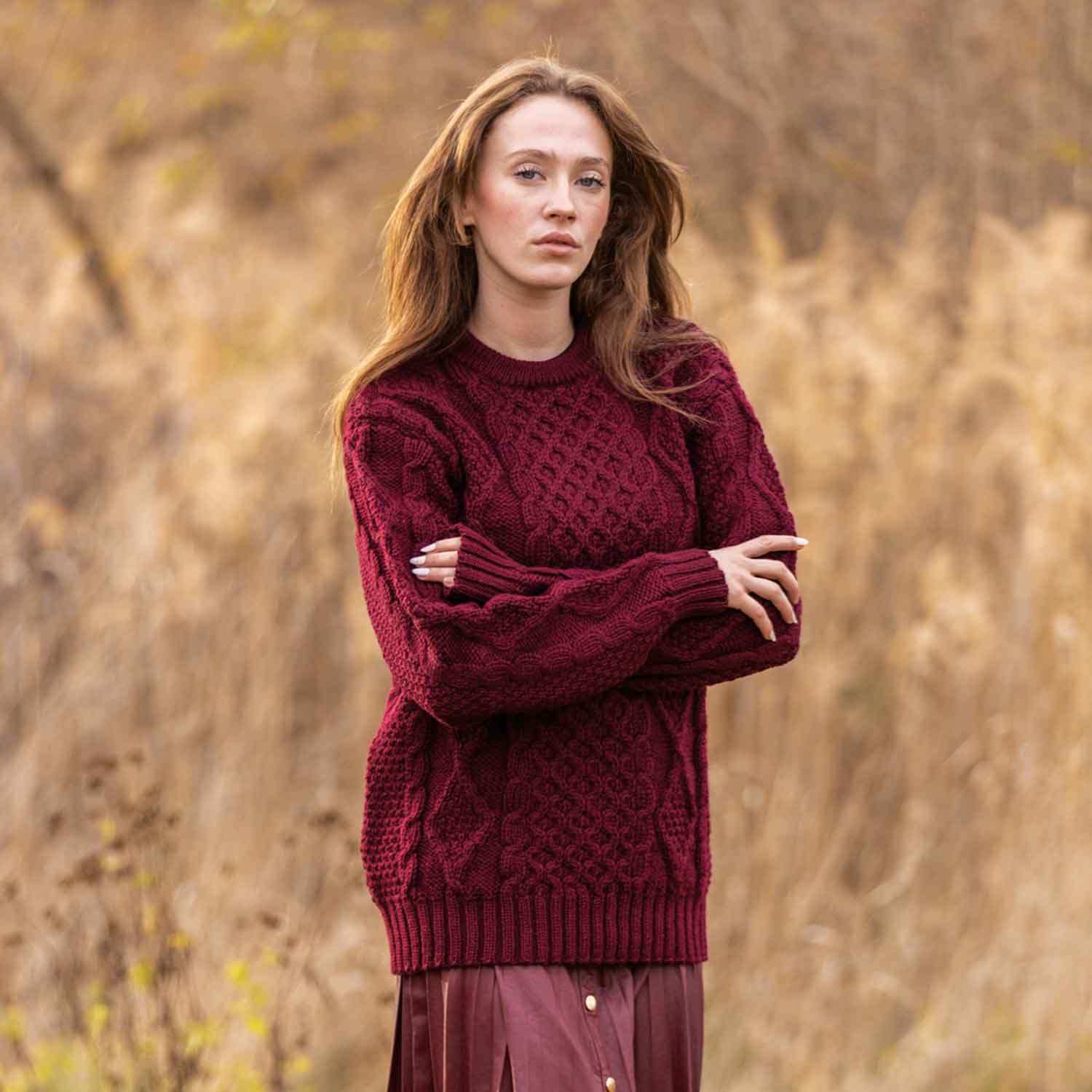 Women s Cable Aran Knit Fisherman Sweater Wine