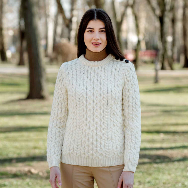 Women's Aran Knit Side Button Sweater, Natural - Creative Irish Gifts
