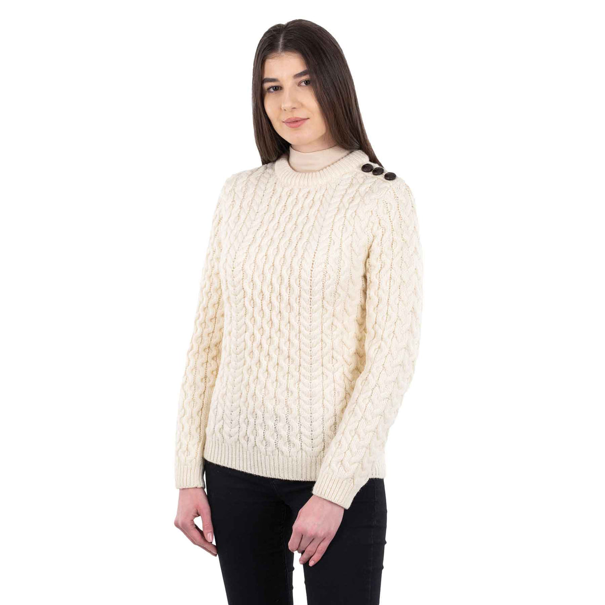 Women's Aran Knit Side Button Sweater, Natural - Creative Irish Gifts
