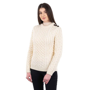 Women's Aran Knit Side Button Sweater, Natural - Creative Irish Gifts