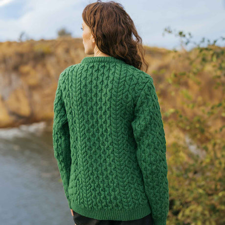 Women's Aran Knit Side Button Sweater, Green - Creative Irish Gifts