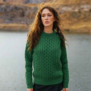 Women's Aran Knit Side Button Sweater, Green - Creative Irish Gifts