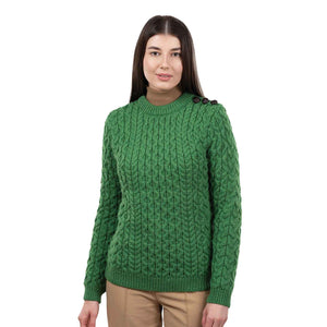 Women's Aran Knit Side Button Sweater, Green - Creative Irish Gifts