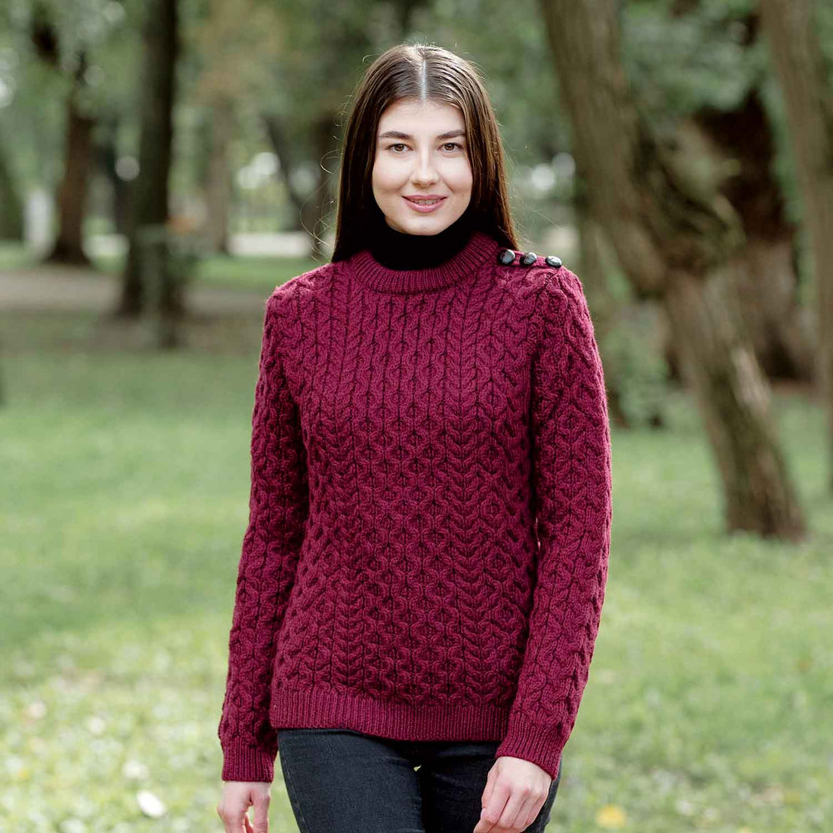 Women's Aran Knit Side Button Sweater, Wine - Creative Irish Gifts