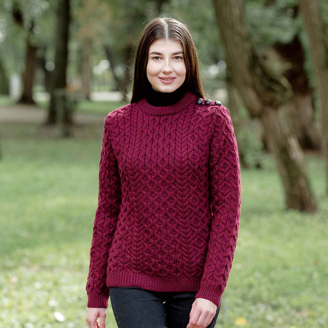 Women's Aran Knit Side Button Sweater, Wine - Creative Irish Gifts