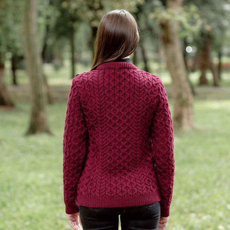 Women's Aran Knit Side Button Sweater, Wine - Creative Irish Gifts