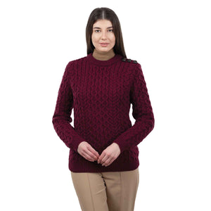 Women's Aran Knit Side Button Sweater, Wine - Creative Irish Gifts