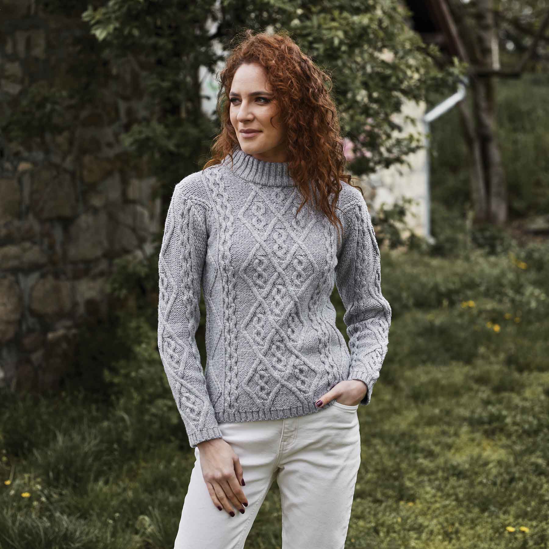 Women's Diamond Knit Aran Sweater, Grey | Fast shipping from the US