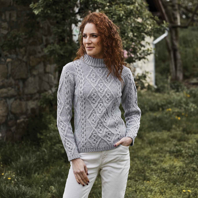 Women's Aran Cable Knit Sweater, Grey - Creative Irish Gifts