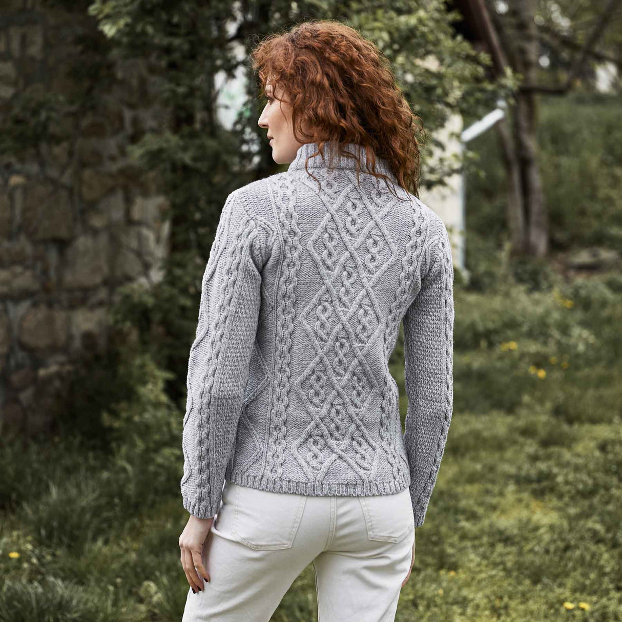 Women's Aran Cable Knit Sweater, Grey - Creative Irish Gifts