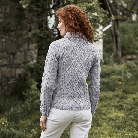 Women's Aran Cable Knit Sweater, Grey - Creative Irish Gifts