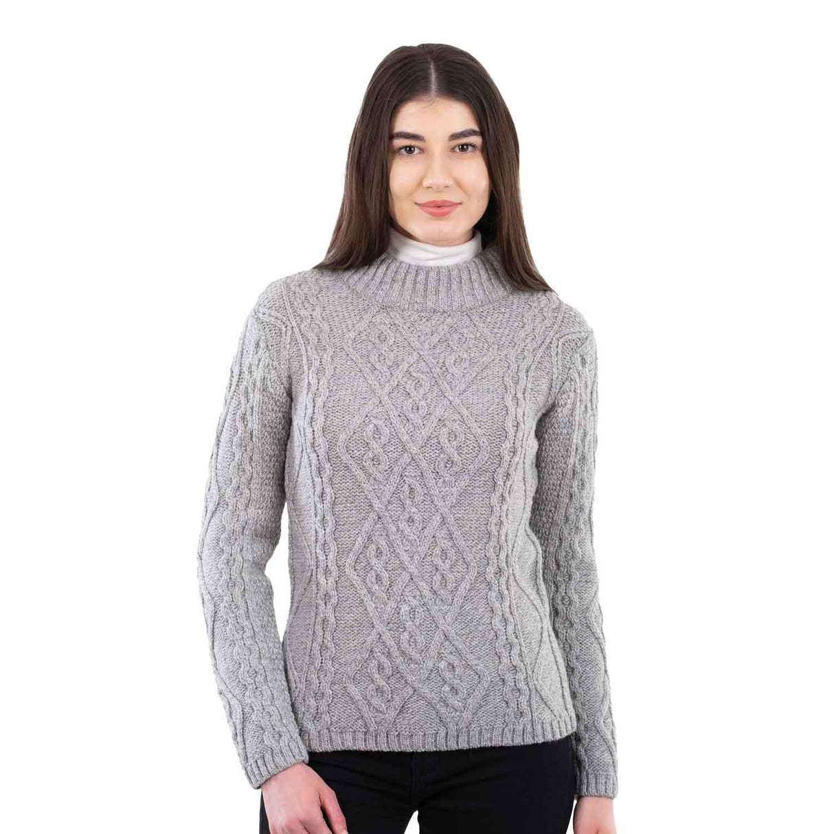 Women's Aran Cable Knit Sweater, Grey - Creative Irish Gifts