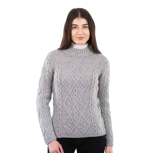 Women's Aran Cable Knit Sweater, Grey - Creative Irish Gifts
