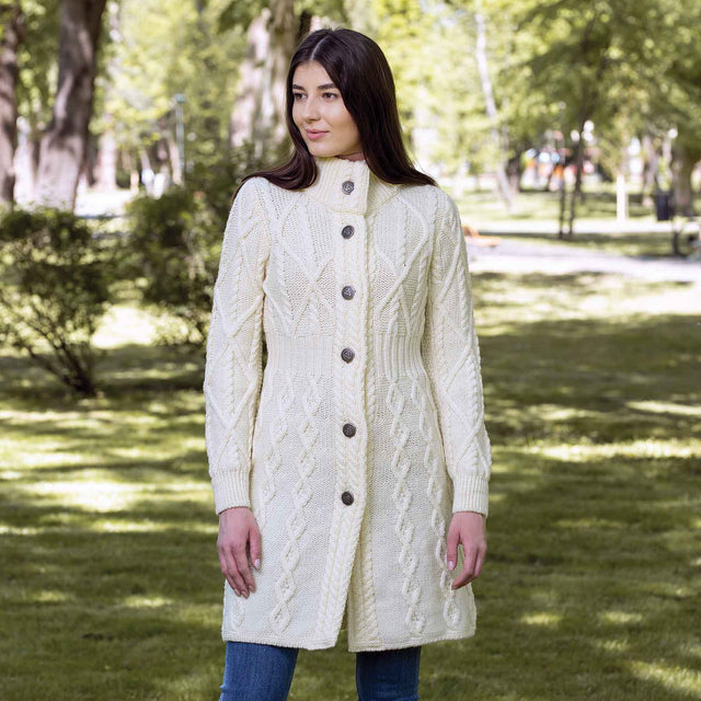 Women's Aran Cable Knit Signature Coat, Natural - Creative Irish Gifts