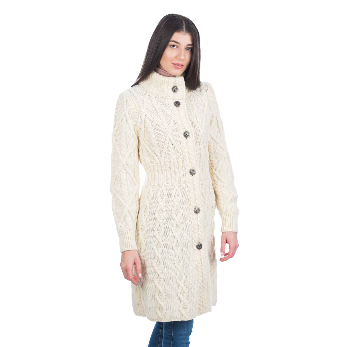 Women's Aran Cable Knit Signature Coat, Natural - Creative Irish Gifts