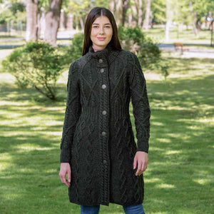 Women's Aran Cable Knit Signature Coat, Army Green - Creative Irish Gifts