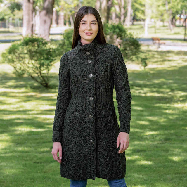 Women's Aran Cable Knit Signature Coat, Army Green - Creative Irish Gifts