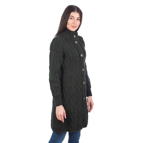 Women's Aran Cable Knit Signature Coat, Army Green - Creative Irish Gifts