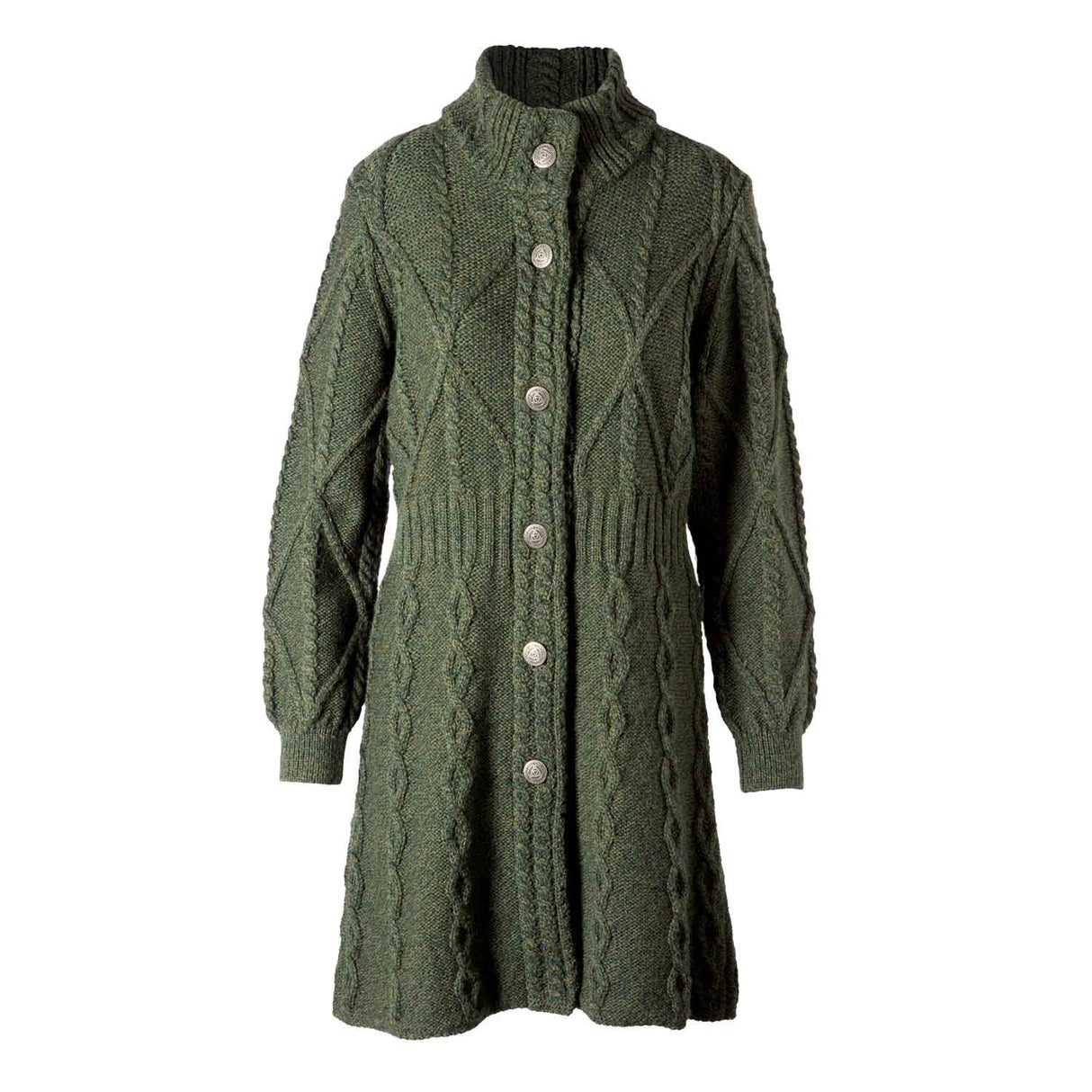 Women's Aran Cable Knit Signature Coat, Army Green - Creative Irish Gifts