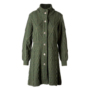 Women's Aran Cable Knit Signature Coat, Army Green - Creative Irish Gifts