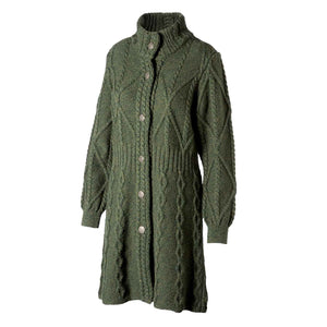 Women's Aran Cable Knit Signature Coat, Army Green - Creative Irish Gifts