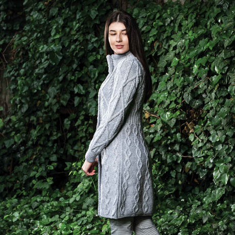Women's Aran Cable Knit Signature Coat, Grey - Creative Irish Gifts