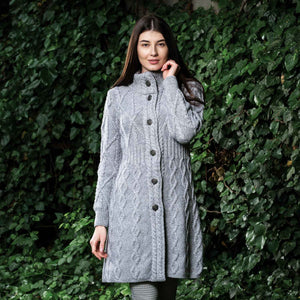 Women's Aran Cable Knit Signature Coat, Grey - Creative Irish Gifts